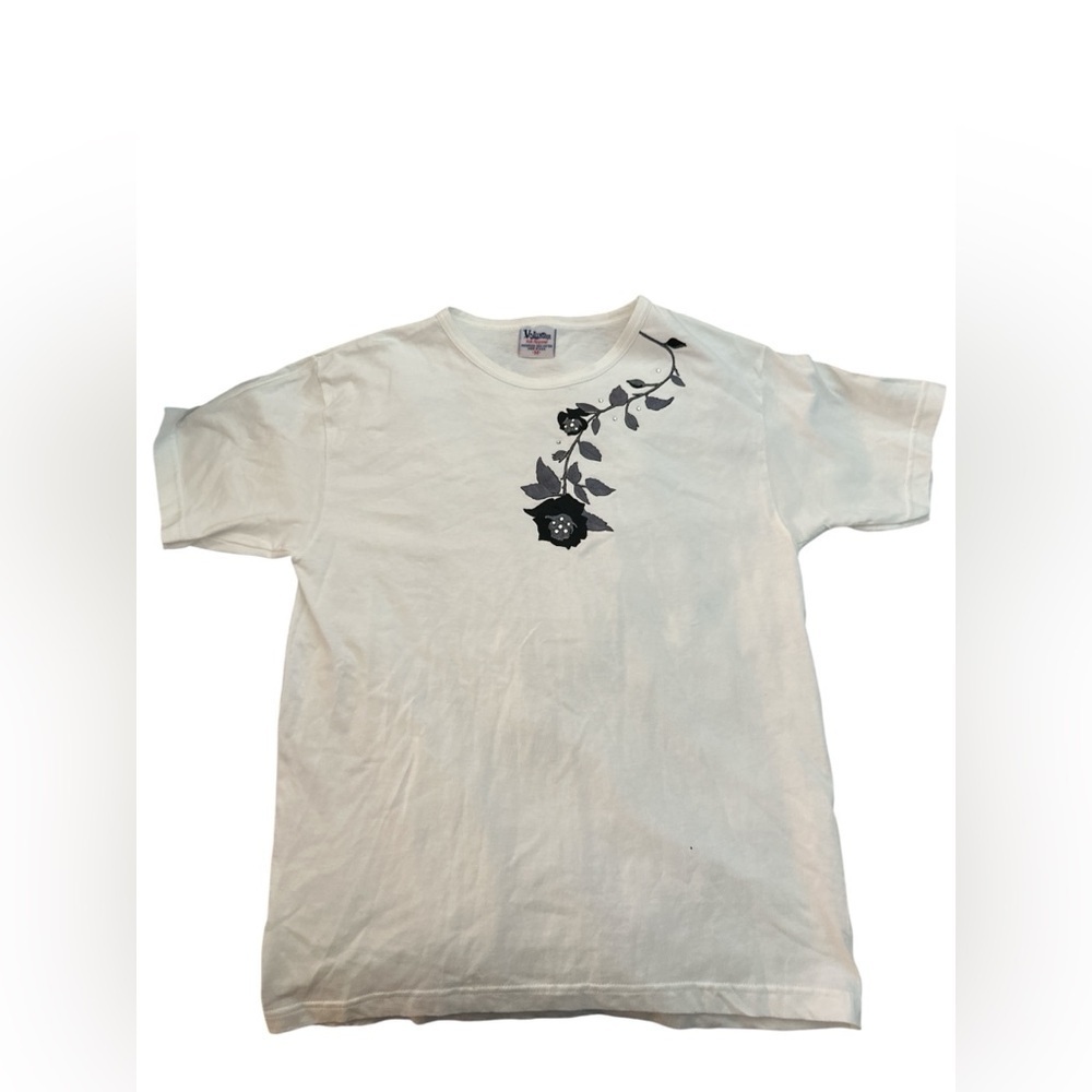 Vintage Volunteer Knit Apparel White Tee with Embroidered Black Floral Design